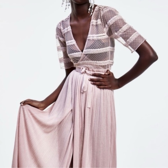 Zara Knit & Lace Wrap Dress Long Blush Pink Semi-Sheer V-Neck Size Small - Picture 2 of 16